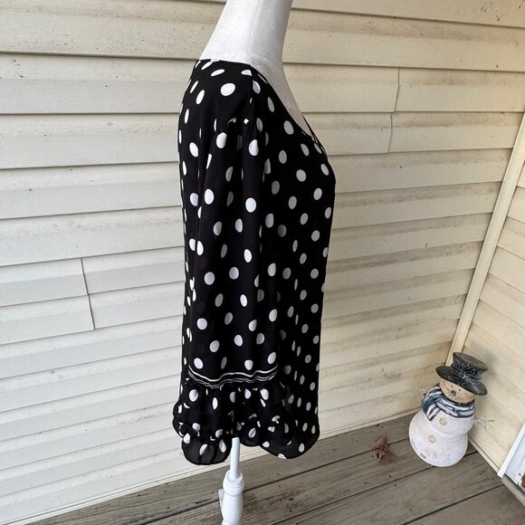 Max Studio Black Blouse White Polka Dots Ruffle 3/4 Sleeves Women Size XL Sheer - Picture 4 of 12